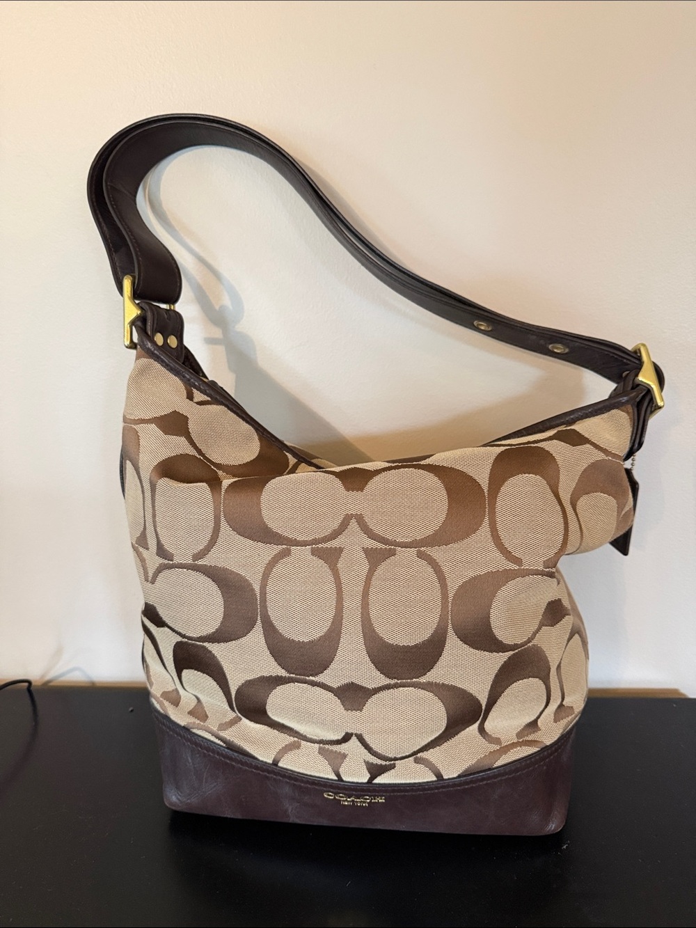 Coach Beige and Brown Signature Canvas Shoulder Bag